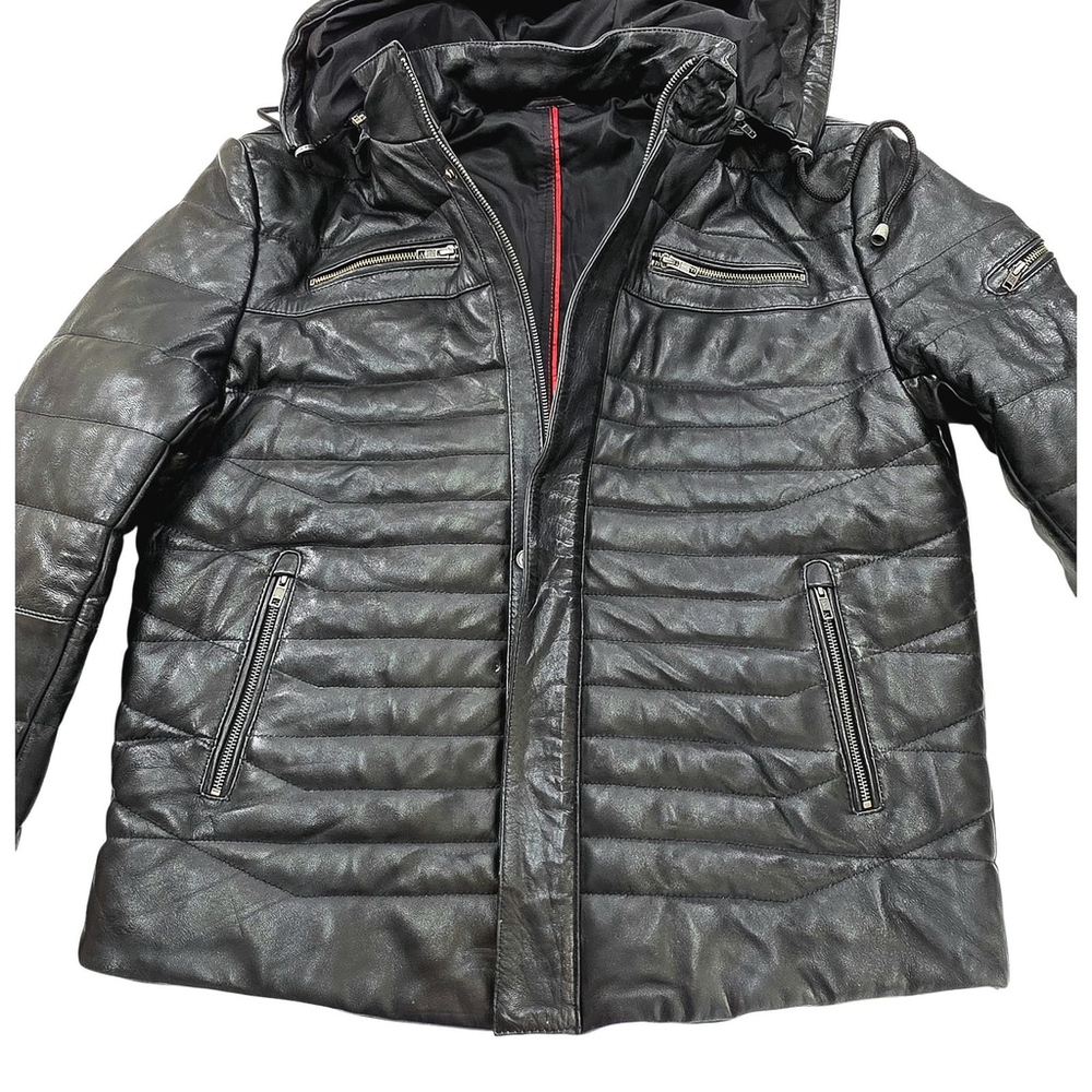 Techno Moto Smart Range Leather Puffer Jacket Men’s L/XL Black Hooded Quilted... - Picture 7 of 11